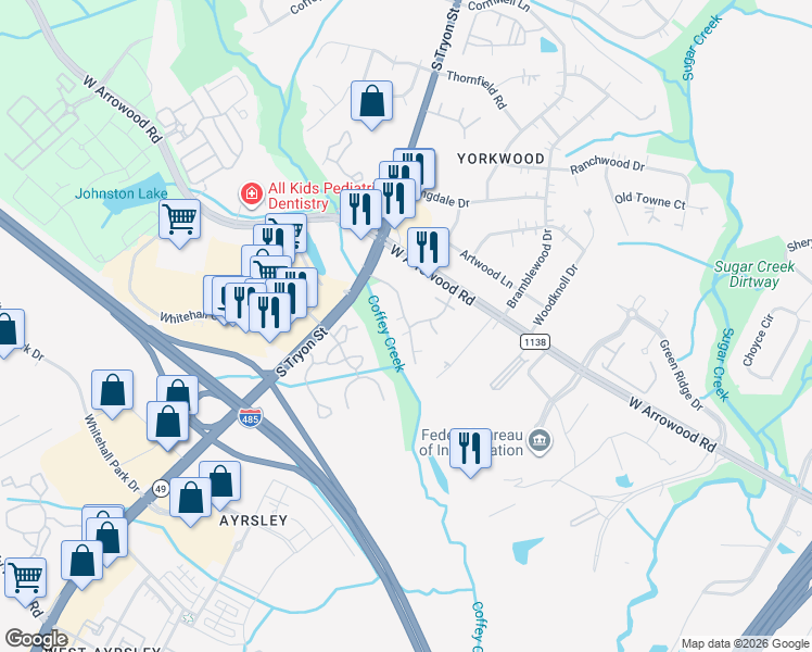map of restaurants, bars, coffee shops, grocery stores, and more near 2016 Arrowcreek Drive in Charlotte
