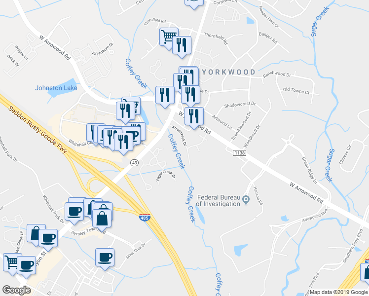 map of restaurants, bars, coffee shops, grocery stores, and more near 2016 Arrowcreek Drive in Charlotte