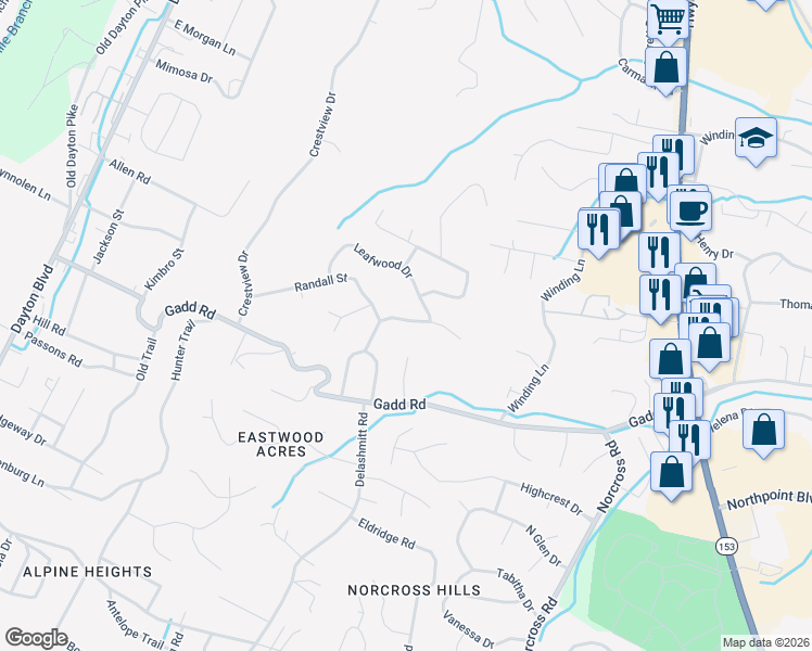 map of restaurants, bars, coffee shops, grocery stores, and more near 5421 May Circle in Chattanooga