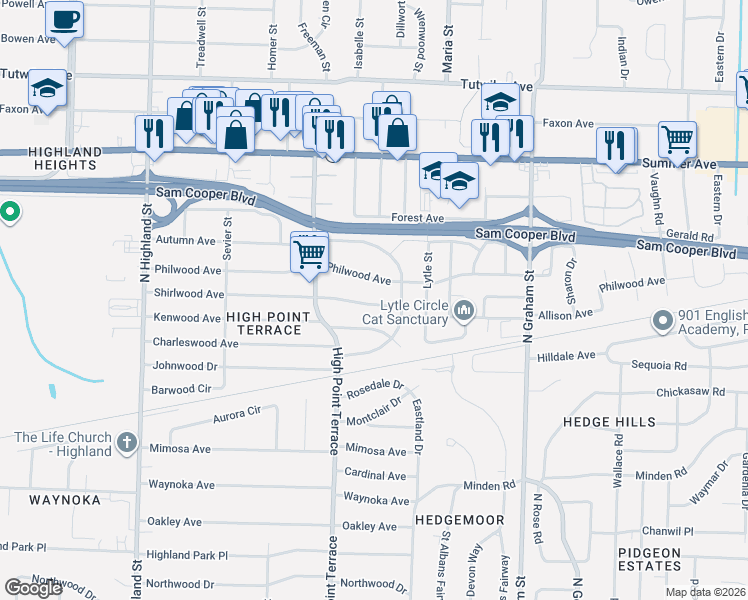 map of restaurants, bars, coffee shops, grocery stores, and more near 3772 Kenwood Avenue in Memphis