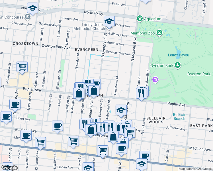 map of restaurants, bars, coffee shops, grocery stores, and more near 207 Hawthorne Street in Memphis