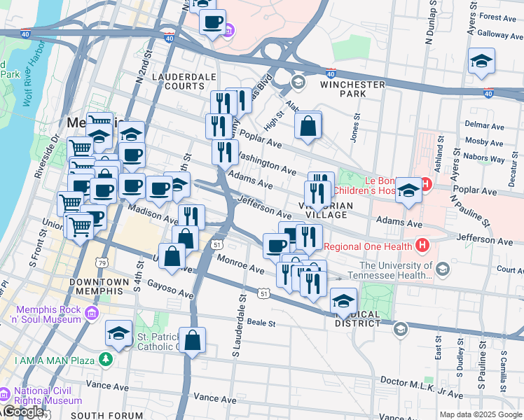 map of restaurants, bars, coffee shops, grocery stores, and more near 557 Techno Lane in Memphis