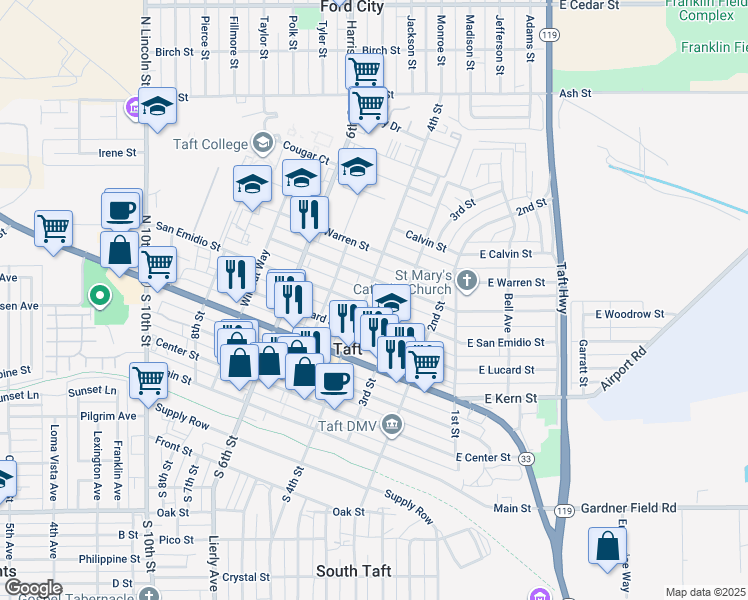 map of restaurants, bars, coffee shops, grocery stores, and more near 324 1/2 San Emidio Street in Taft
