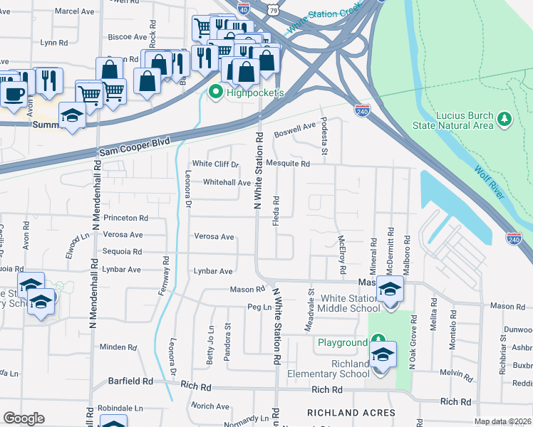 map of restaurants, bars, coffee shops, grocery stores, and more near 453 Fleda Road in Memphis