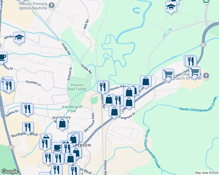 map of restaurants, bars, coffee shops, grocery stores, and more near 5411 Old Hixson Pike in Chattanooga