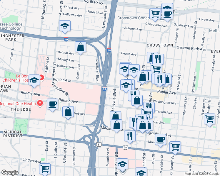 map of restaurants, bars, coffee shops, grocery stores, and more near 1161 Poplar Avenue in Memphis