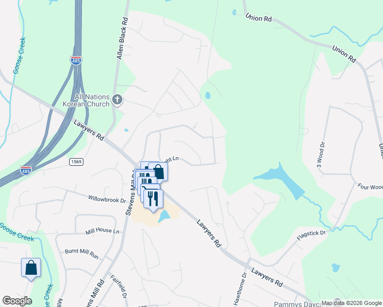 map of restaurants, bars, coffee shops, grocery stores, and more near 1438 Porch Swing Lane in Matthews