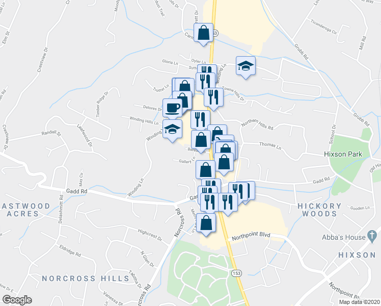 map of restaurants, bars, coffee shops, grocery stores, and more near 448 Berean Lane in Chattanooga