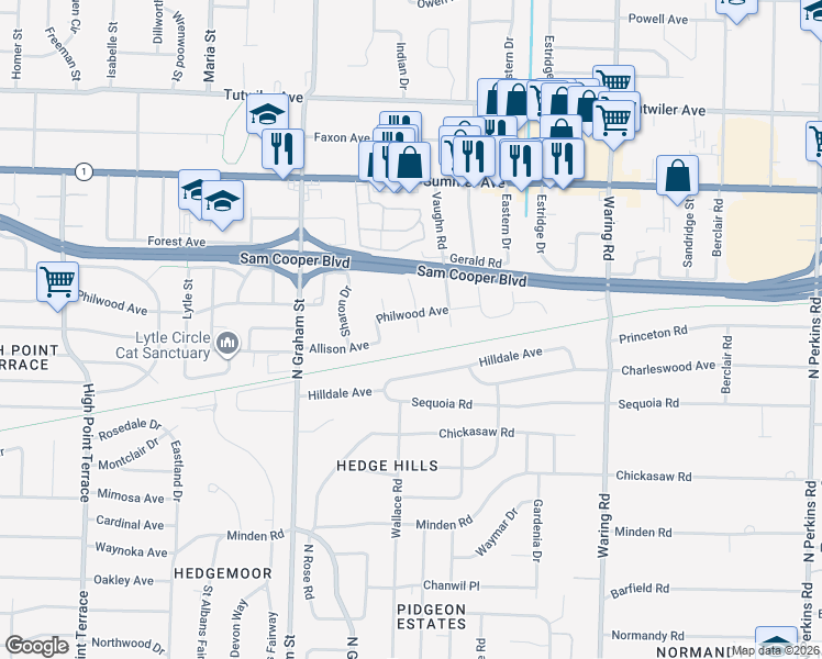 map of restaurants, bars, coffee shops, grocery stores, and more near 4126 Philwood Avenue in Memphis