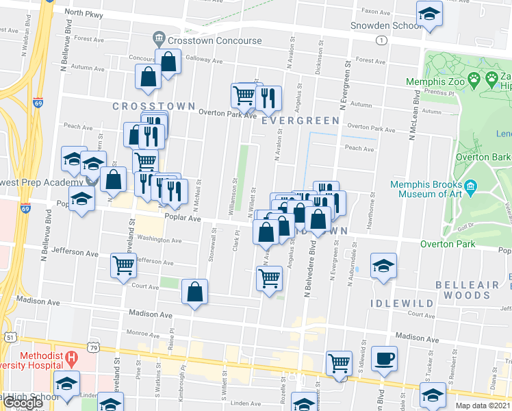 map of restaurants, bars, coffee shops, grocery stores, and more near 224 North Willett Street in Memphis