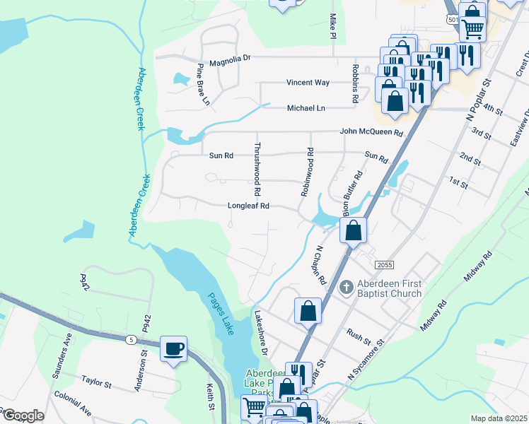 map of restaurants, bars, coffee shops, grocery stores, and more near 609 Longleaf Road in Aberdeen
