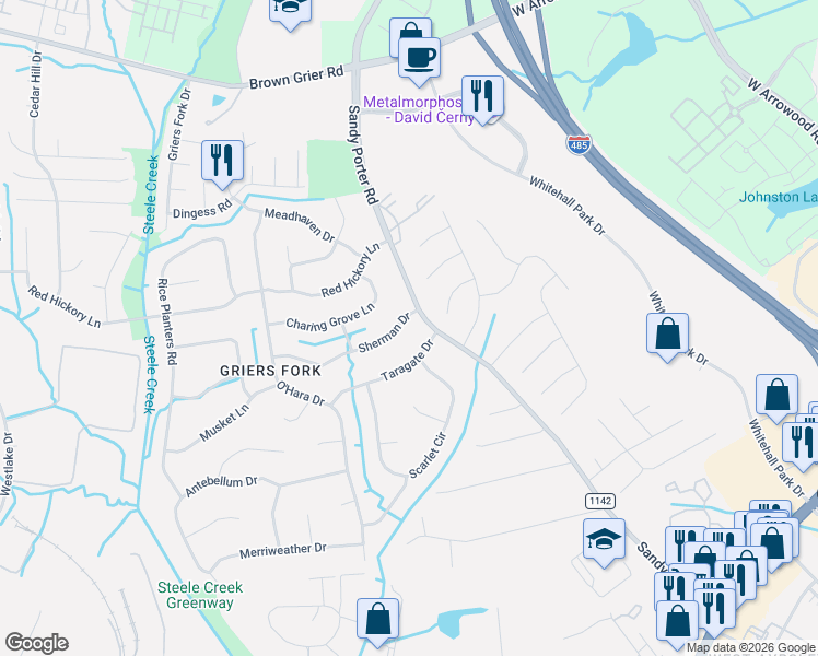 map of restaurants, bars, coffee shops, grocery stores, and more near 12306 Charing Grove Lane in Charlotte