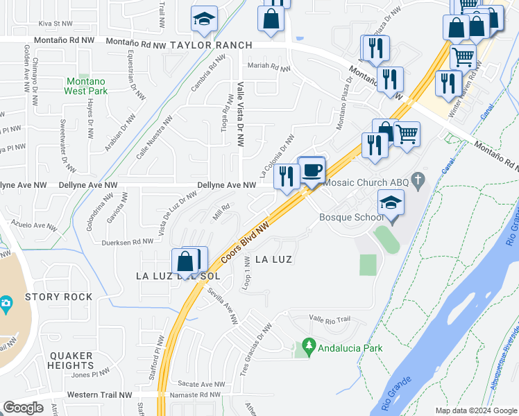 map of restaurants, bars, coffee shops, grocery stores, and more near 5101 Mirador Drive Northwest in Albuquerque