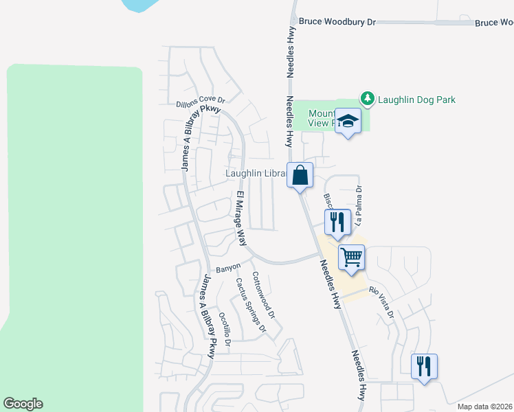 map of restaurants, bars, coffee shops, grocery stores, and more near 2905 Shimmering Bay Street in Laughlin