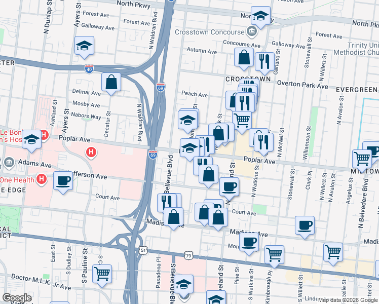 map of restaurants, bars, coffee shops, grocery stores, and more near in Memphis