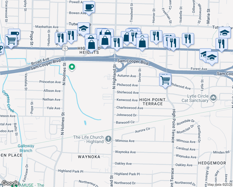 map of restaurants, bars, coffee shops, grocery stores, and more near 3511 Shirlwood Avenue in Memphis