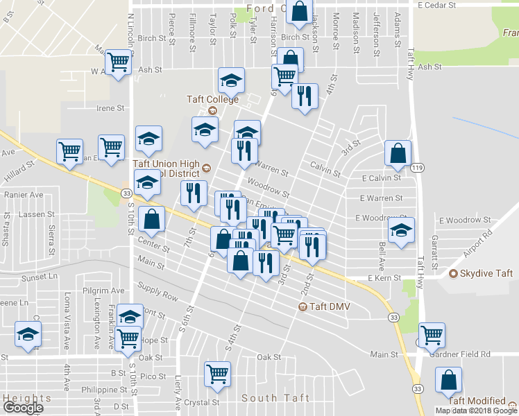 map of restaurants, bars, coffee shops, grocery stores, and more near 516 5th Street in Taft