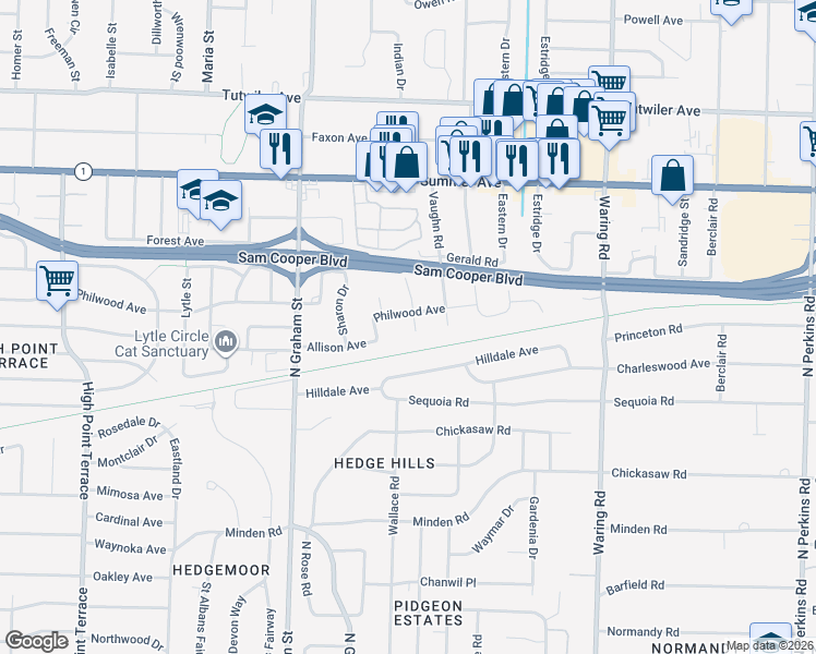 map of restaurants, bars, coffee shops, grocery stores, and more near 4126 Philwood Avenue in Memphis