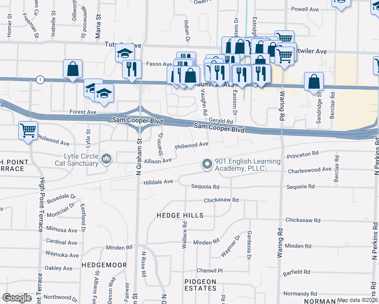 map of restaurants, bars, coffee shops, grocery stores, and more near 4126 Philwood Avenue in Memphis