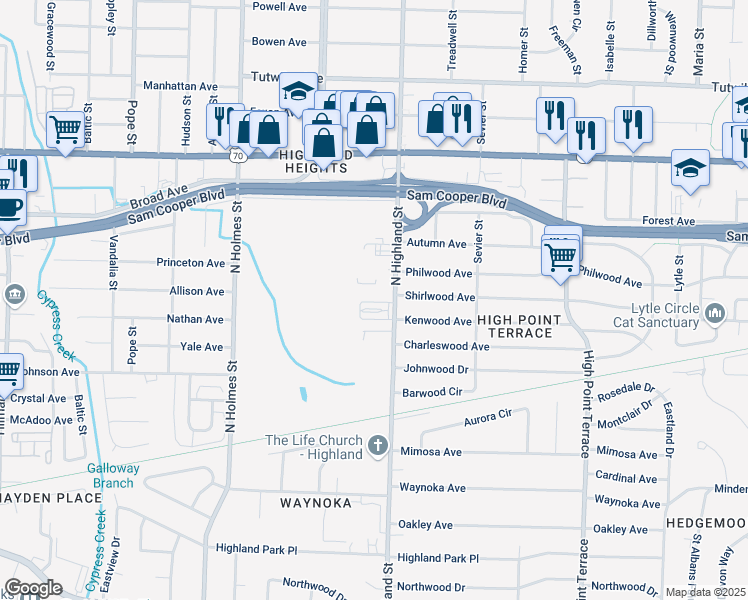 map of restaurants, bars, coffee shops, grocery stores, and more near 475 North Highland Street in Memphis