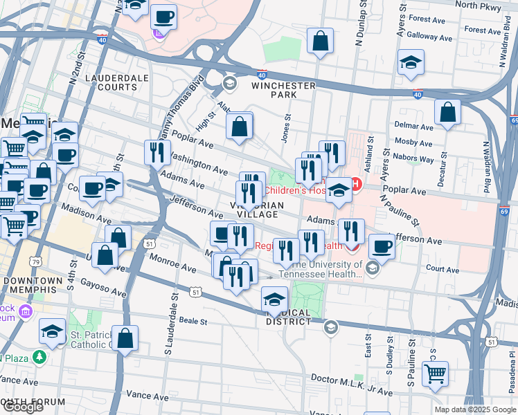 map of restaurants, bars, coffee shops, grocery stores, and more near 690 Adams Avenue in Memphis