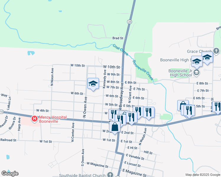 map of restaurants, bars, coffee shops, grocery stores, and more near 94 West 8th Street in Booneville
