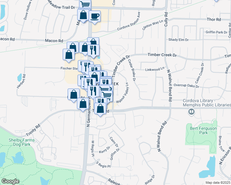 map of restaurants, bars, coffee shops, grocery stores, and more near 701 Walnut Woods Cove South in Memphis