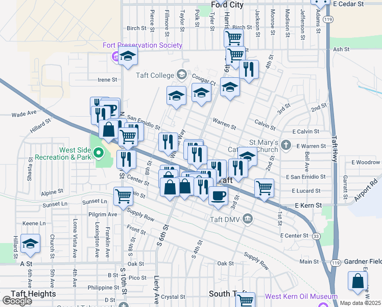 map of restaurants, bars, coffee shops, grocery stores, and more near 625 San Emidio Street in Taft