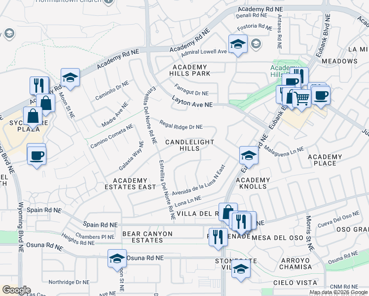 map of restaurants, bars, coffee shops, grocery stores, and more near 9601 Camino Del Sol Northeast in Albuquerque