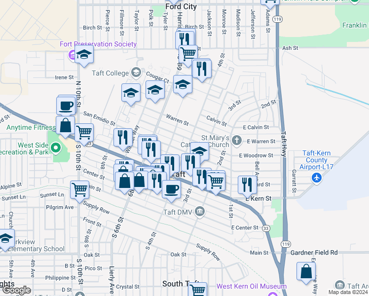 map of restaurants, bars, coffee shops, grocery stores, and more near 603 4th Street in Taft