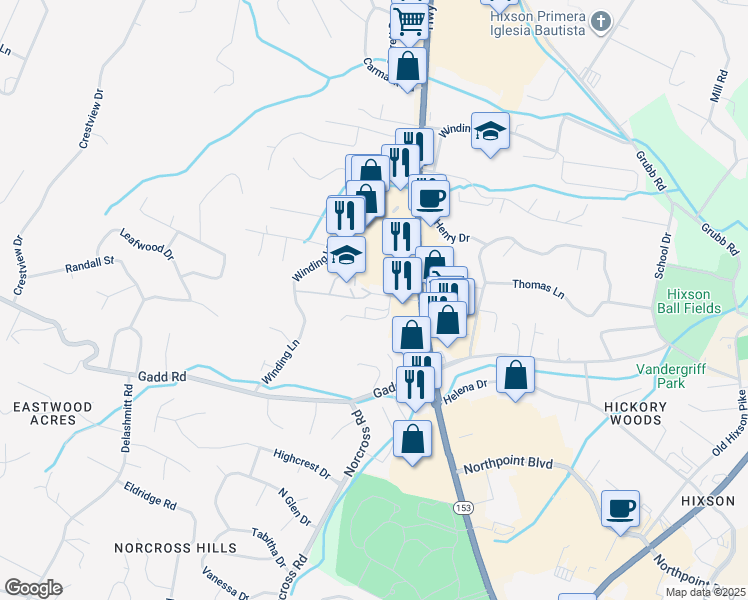map of restaurants, bars, coffee shops, grocery stores, and more near 450 Berean Lane in Chattanooga
