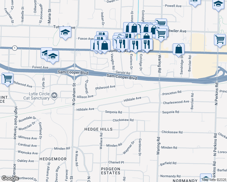 map of restaurants, bars, coffee shops, grocery stores, and more near 4162 Philwood Avenue in Memphis