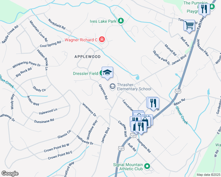 map of restaurants, bars, coffee shops, grocery stores, and more near 1301 James Boulevard in Signal Mountain