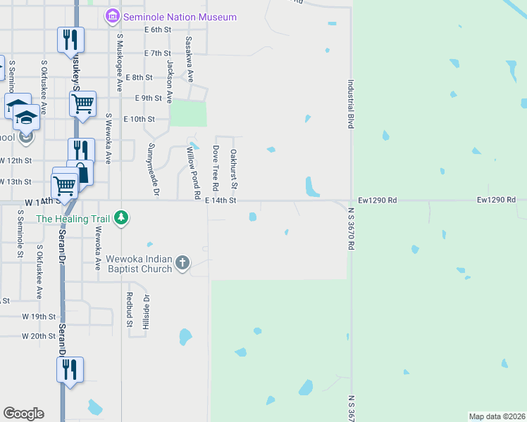 map of restaurants, bars, coffee shops, grocery stores, and more near 700 East 14th Street in Wewoka