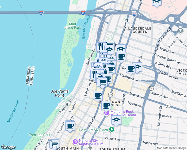 map of restaurants, bars, coffee shops, grocery stores, and more near 44 South Front Street in Memphis