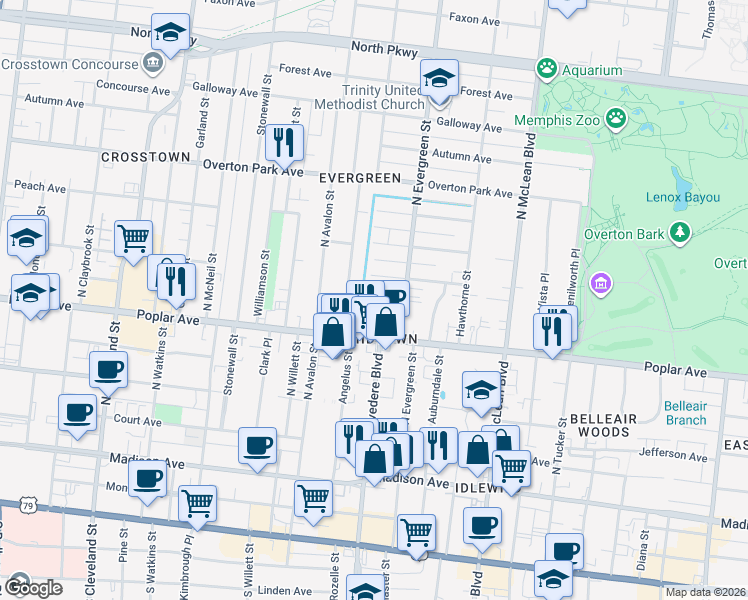 map of restaurants, bars, coffee shops, grocery stores, and more near 1672 Beard Place in Memphis