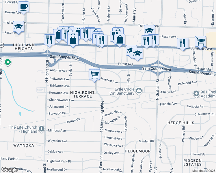 map of restaurants, bars, coffee shops, grocery stores, and more near 3773 Philwood Avenue in Memphis