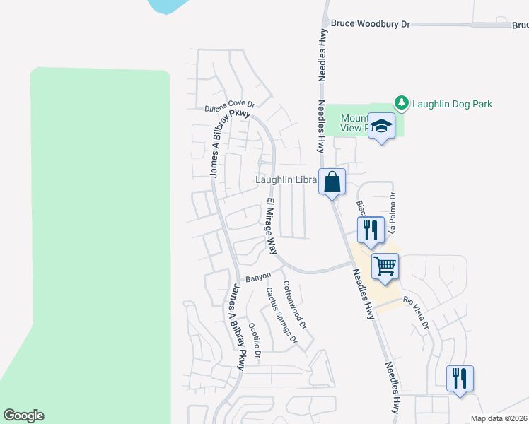 map of restaurants, bars, coffee shops, grocery stores, and more near 2162 Camel Mesa Drive in Laughlin