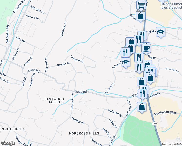 map of restaurants, bars, coffee shops, grocery stores, and more near 521 Briar Park Lane in Chattanooga