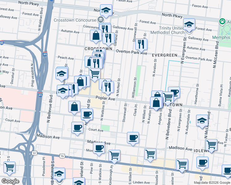 map of restaurants, bars, coffee shops, grocery stores, and more near 211 North McNeil Street in Memphis