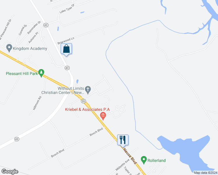 map of restaurants, bars, coffee shops, grocery stores, and more near 418 Nordhoff Street in New Bern