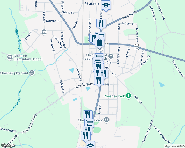 map of restaurants, bars, coffee shops, grocery stores, and more near 308 South Florida Avenue in Chesnee