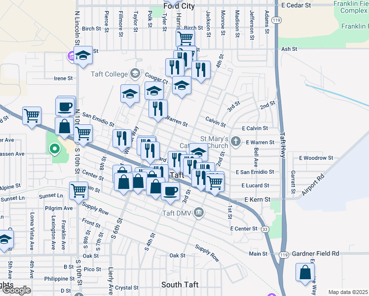 map of restaurants, bars, coffee shops, grocery stores, and more near 605 4th Street in Taft