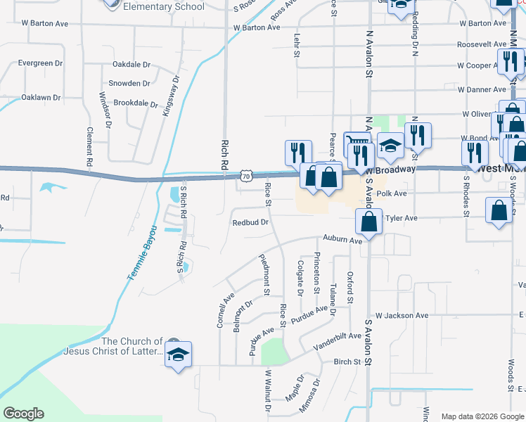 map of restaurants, bars, coffee shops, grocery stores, and more near 618 Westgate Cove in West Memphis