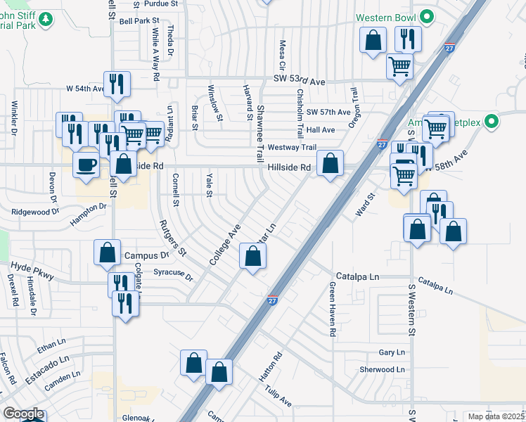 map of restaurants, bars, coffee shops, grocery stores, and more near 6104 Princeton Street in Amarillo