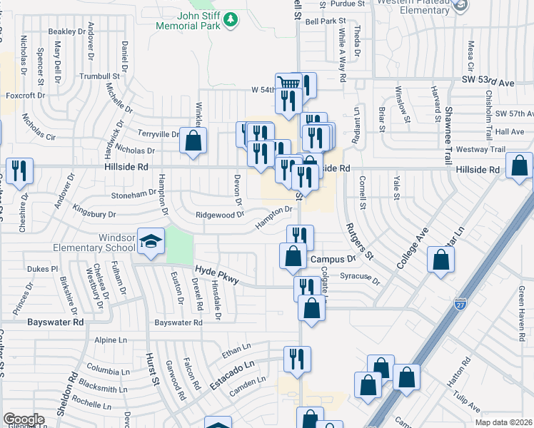 map of restaurants, bars, coffee shops, grocery stores, and more near 6102 Ridgewood Drive in Amarillo