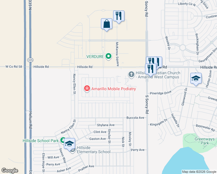 map of restaurants, bars, coffee shops, grocery stores, and more near 8899 Hillside Road in Amarillo