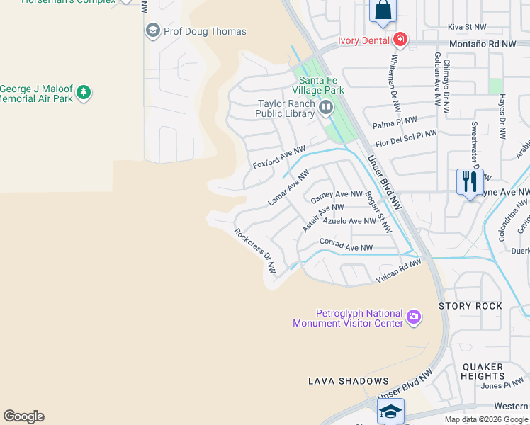 map of restaurants, bars, coffee shops, grocery stores, and more near 6921 Lamar Avenue Northwest in Albuquerque