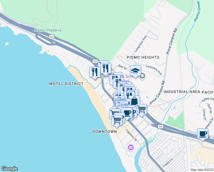 map of restaurants, bars, coffee shops, grocery stores, and more near 1250 Price Street in Pismo Beach