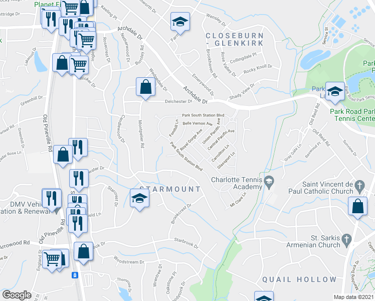 map of restaurants, bars, coffee shops, grocery stores, and more near 6252 Rockefeller Lane in Charlotte